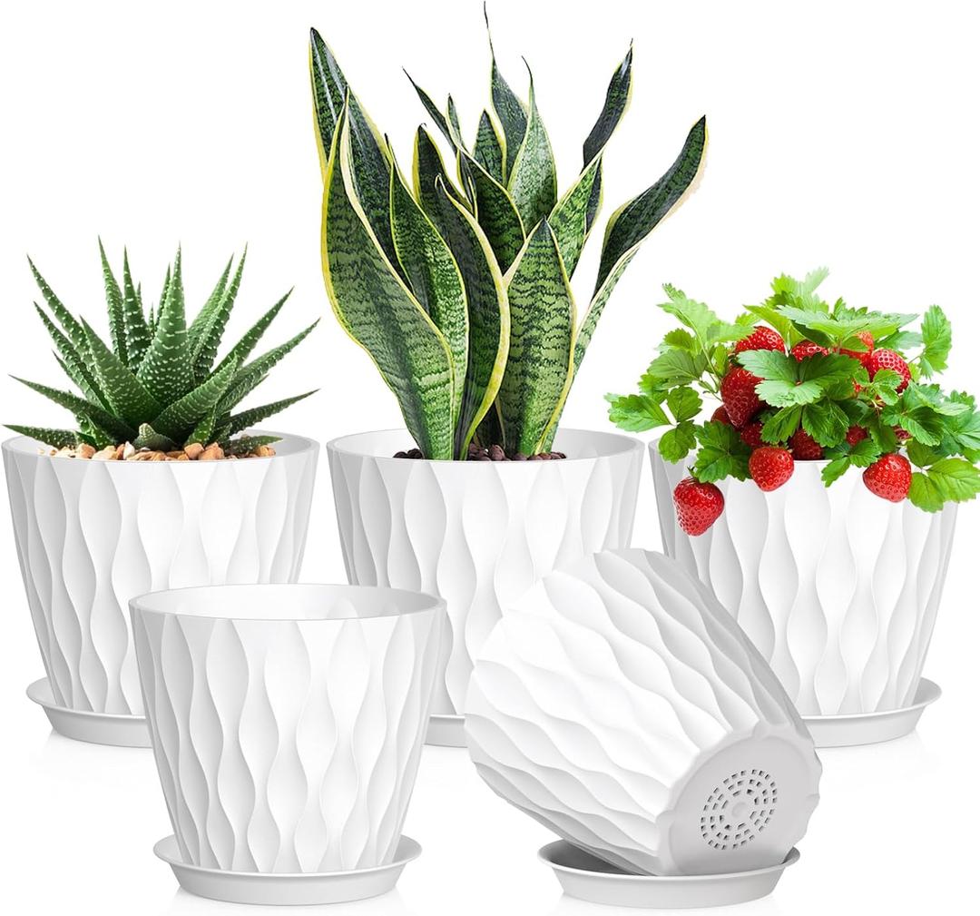 7 inch Plant Pots for Indoor Outdoor Plants, 5 Pack Thick Nursery Pots with Drainage Holes and Saucers, 3D Modern Wave Texture Plastic Planter Pots for Flowers and House Plants, White 7 inch Plant Pots for Indoor Outdoor Plants, 5 Pack Thick Nursery Pots with Drainage Holes and Saucers, 3D Modern Wave Texture Plastic Planter Pots for Flowers and House Plants, White