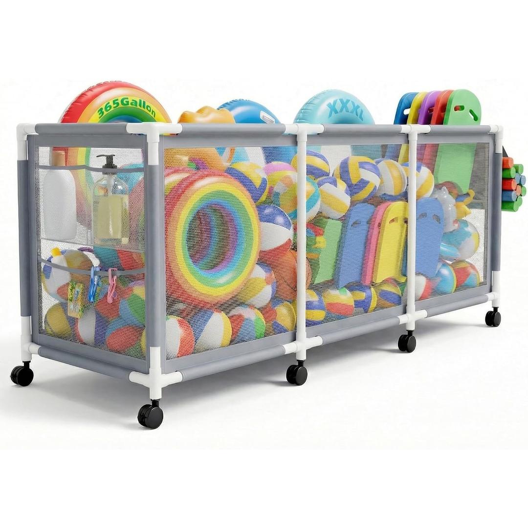 Jotesnew 365 Gallon 103" L Extra Large Swimming Pool Storage Bin, Pool Noodles Holder, Toys, Floats, Balls and Floats Equipment Mesh Rolling Storage Organizer Bin, 103" Lx32 Wx35 H (Gray)