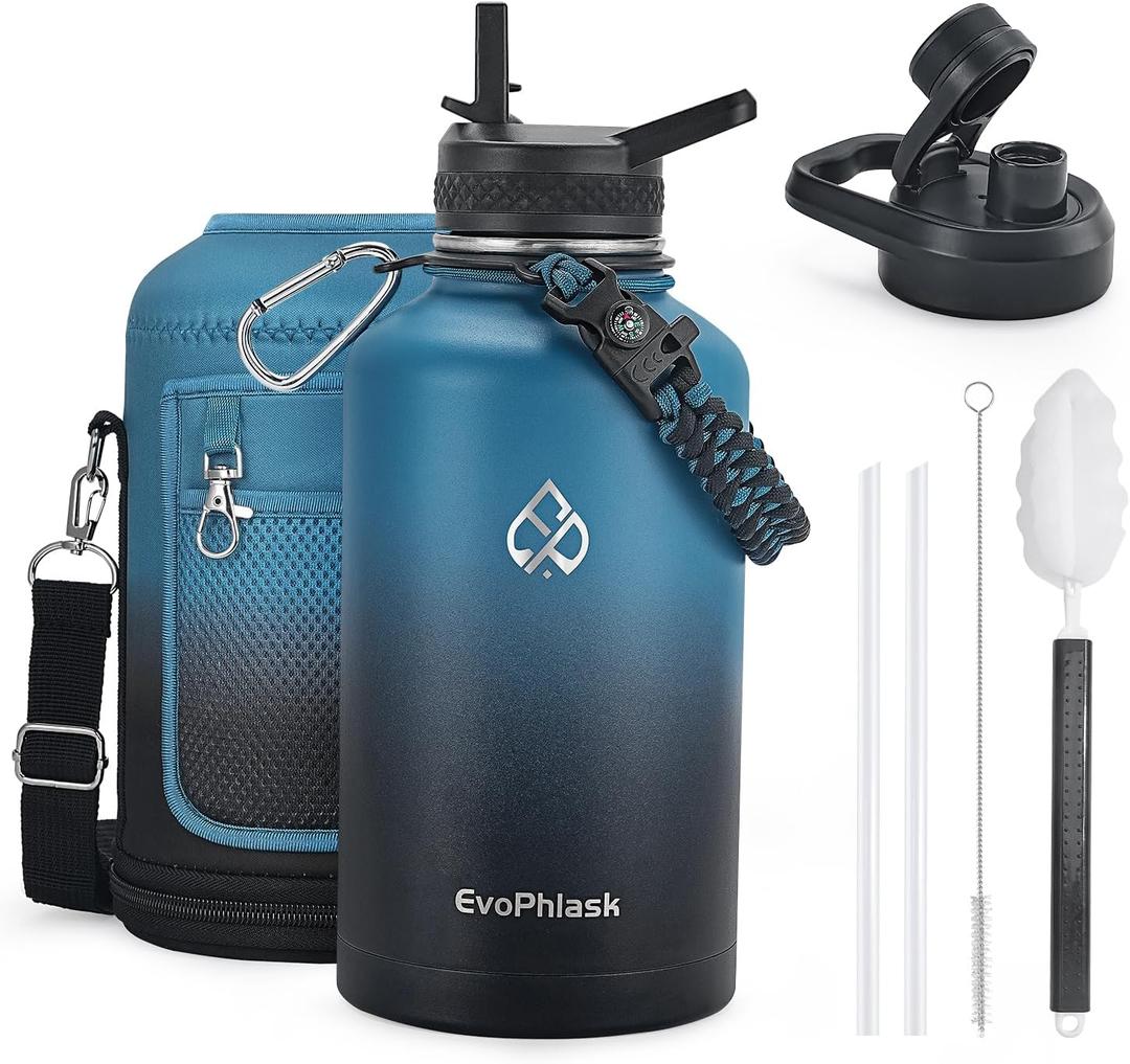 64 oz Insulated Water Bottle with Carrier Bag, Half Gallon Stainless Steel Water Bottle Keep Cold 48Hrs, Vacuum Insulated Large Water Jug for Gym, Travel, Hiking, Indigo Black