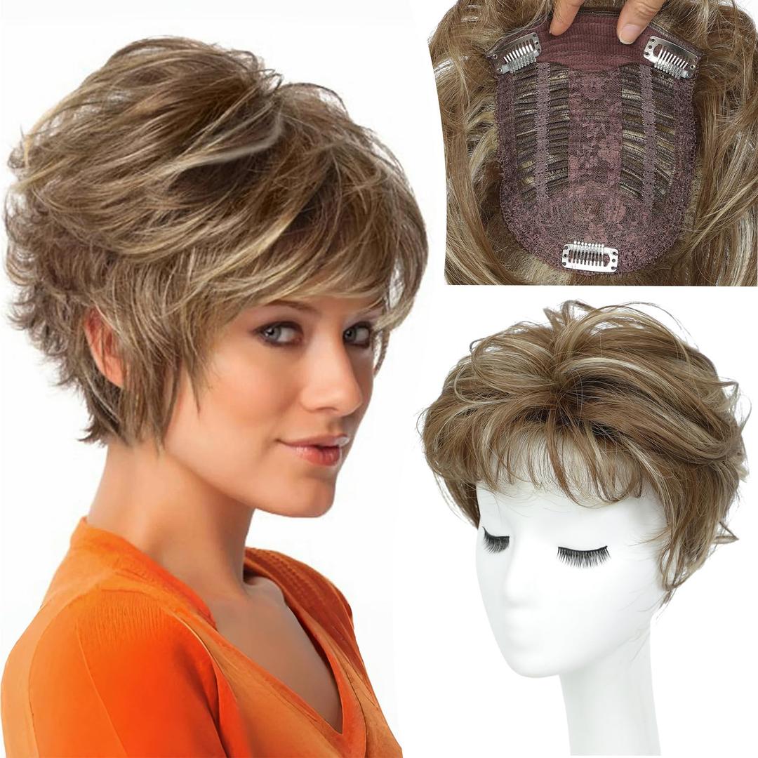 UDU Hair Topper Short Pixie Cut Toppers for Women with Thinning Hair Synthetic Wiglet Toppers Instant Volume & Fullness, Natural-Looking & Lightweight, Boosting Confidence (Deep Almond Brown with Highlights)