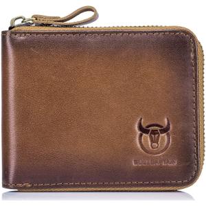 BULLCAPTAIN Mens Genuine Leather Zipper Wallet RFID Blocking Bifold Secure Zip Around Wallets Multi Credit Card Holder Purse (Handmade brown)