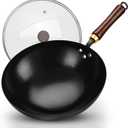 Carbon Steel Wok Pan, Woks & Stir-Fry Pans with Glass Lid Cookwares, Nonstick Wok, No Chemical Coated Round Bottom Hand Hammered Chinese Wok for All Stovetop Type