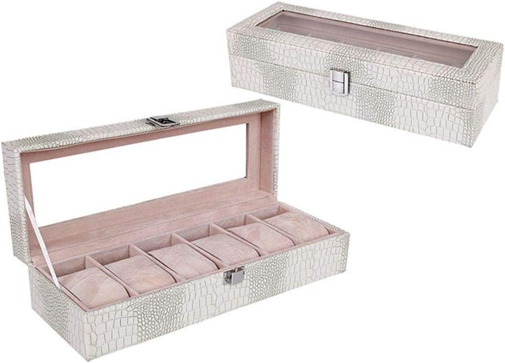 Watch Box Large 6 Men Women Crocodile Grain Leather Display Glass Top Jewelry Case Organizer Storage (White 6 slots)