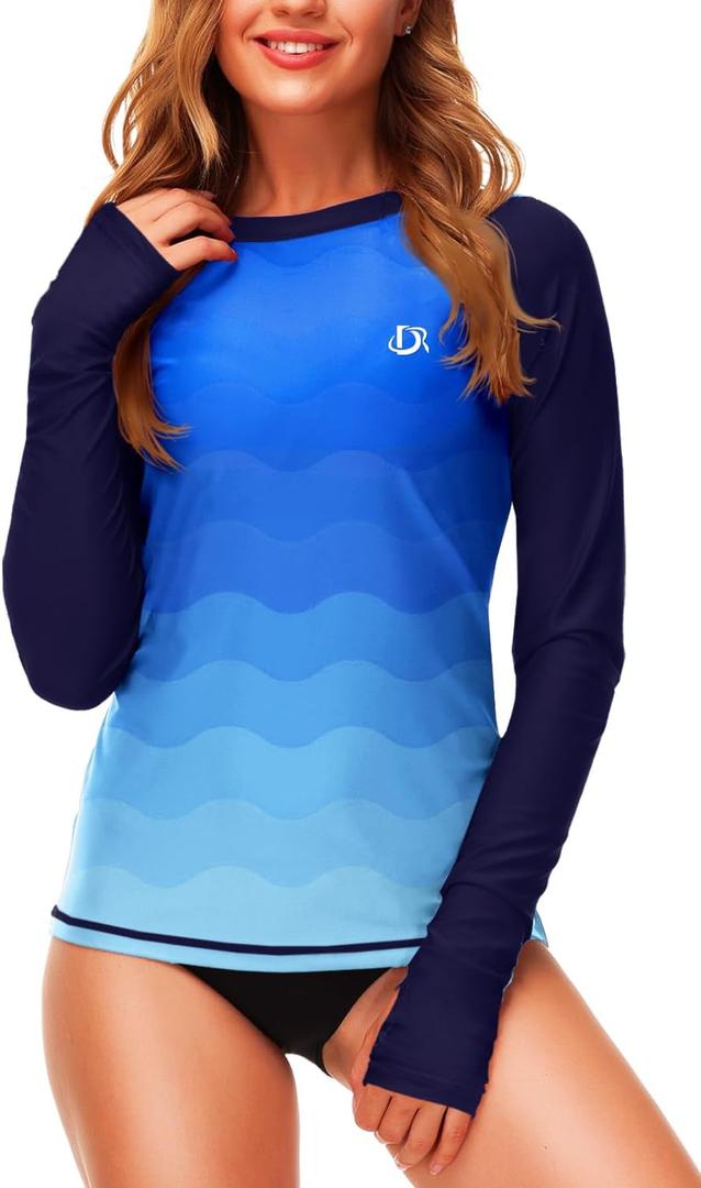 Deerose Womens Gradient Rash Guard UPF 50+ Swim Shirts Surfing Top with Thumb Hole (XX-Large, Navy Blue)