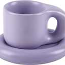 Koythin Ceramic Coffee Chubby Mug Saucer Set, Creative Cute Fat Handle Cup with Saucer for Office and Home, Dishwasher and Microwave Safe, 10 oz for Latte Tea Milk (Light Purple)