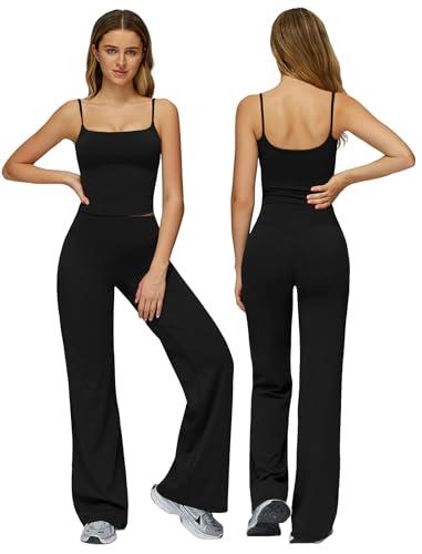 Womens Workout Sets Two Piece Spaghetti Straps U Back Crop Tank Top Matching High Waist Straight Wide Leg Leggings 2 Piece For Women Gym Yoga Active Wear Pilates Outfits Athletic Work Out Set Black S