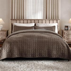 Fleeco 108'' x 96'' Velvet Quilt Set King Size, Luxury Velvet Comforter Bedding Set Oversized Bedspread with 2 Matching Shams, for All Seasons Brown