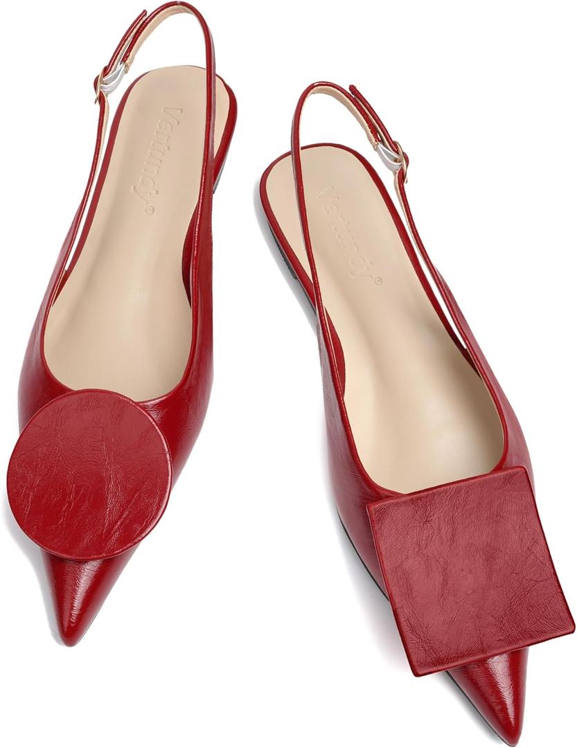 Vertundy Women's Slingback Flats Pointed Toe Flats for Women Low Heel Pumps Ankle Strap Sandals Circle Square Decorative Fashion Design Shoes 9 