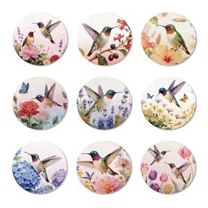 ANATTASOUL Coasters Set of 9 Hummingbird and Butterfly Pattern Colorful Wooden Coasters Bulk Round Housewarming Gift for New Home, 3.9" Decorative Coffee Table Protection for Farmhouse Bar Decor