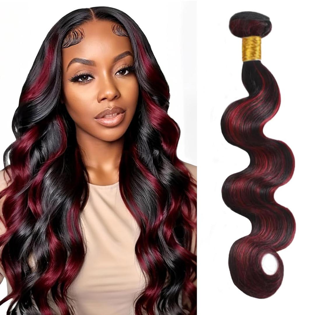 P1B/99J Burgundy Highlight Bundles Human Hair Black Mixed With Burgundy 34 Inch Body Wave Bundle Unprocessed Brazilian Virgin Ombre Human Hair Single Bundle Double Weft Hair Extension