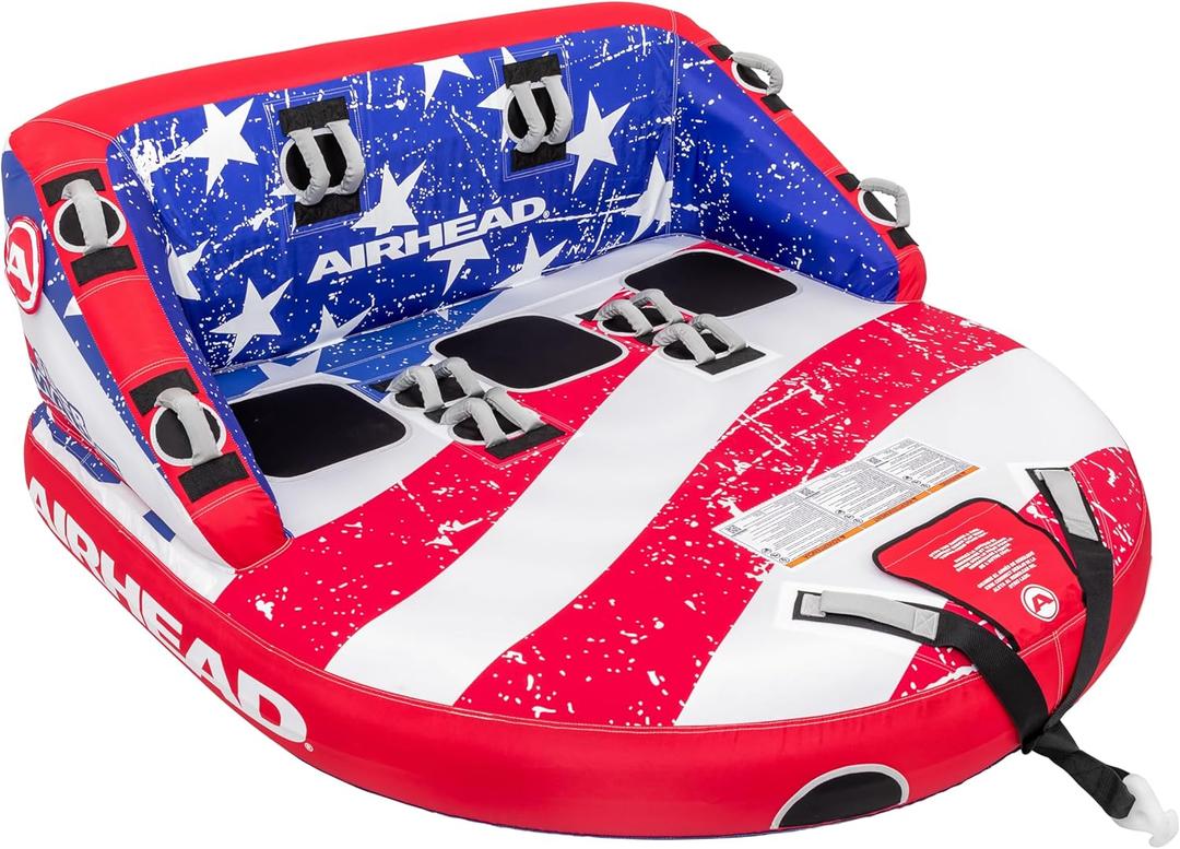 Airhead Super Mable, 1-3 Rider - Inflatable Towable Tube for Boating and Water Sports, Heavy Duty Full Nylon Cover and Zipper with EVA Foam Padding, USA Stars and Stripes