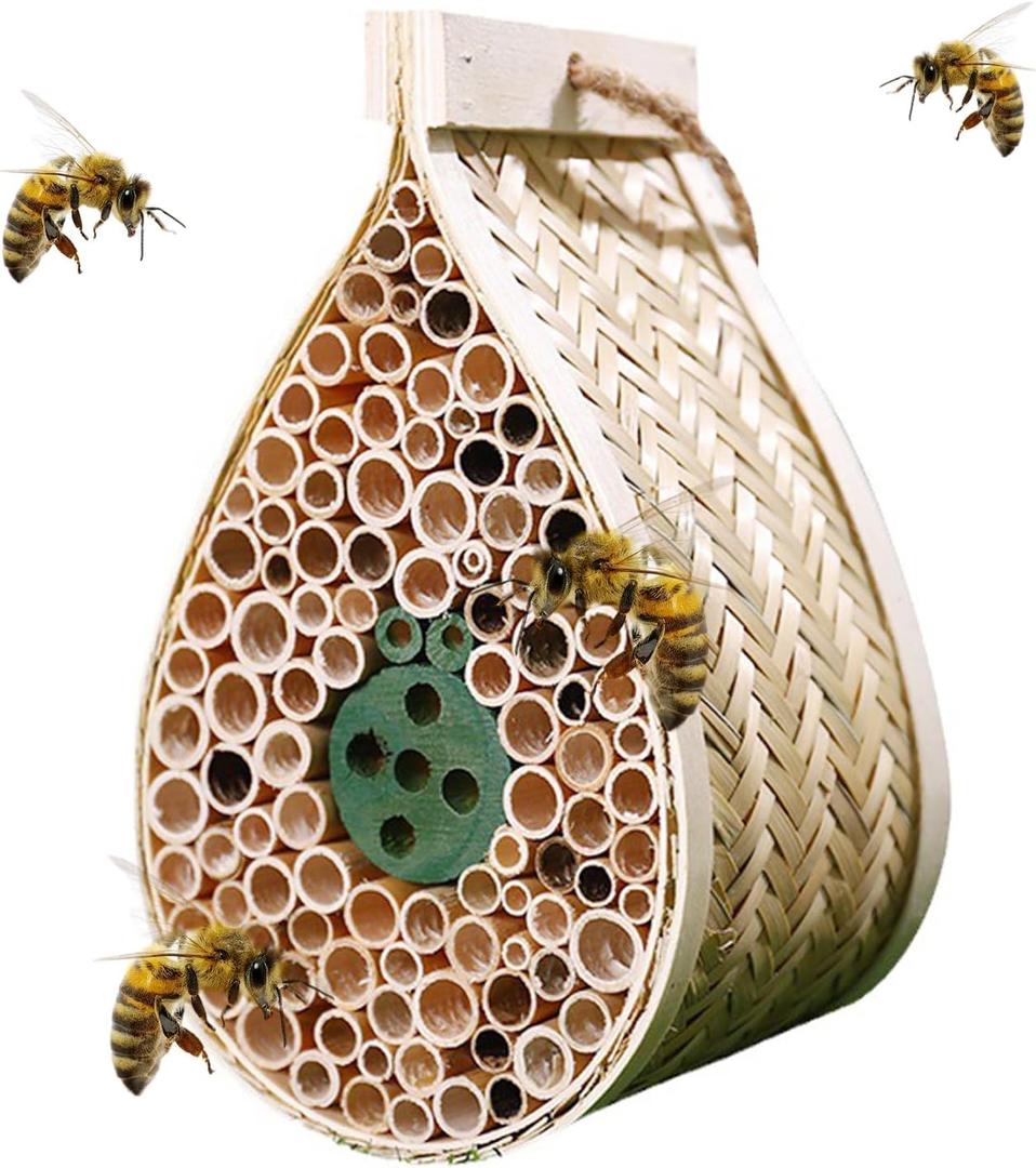 Mason Bee House, Pollinating PalaceHanging Wooden bee House Habitat with Bamboo Tubes for The Garden and Yard Bee Hotel for Pollinators