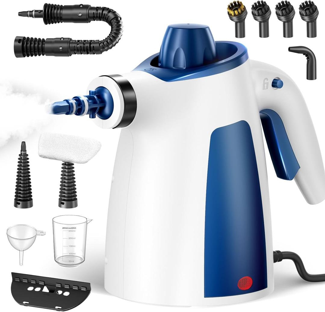 Steam Cleaner, Pressurized Handheld Multi-Surface Natural Steam Cleaner with 12 PCS Accessories & Safety Lock, 350ML Large Capacity, Steamer for Car, Home, Upholstery, Kitchen, Window, Grime, Grease (Blue and White)
