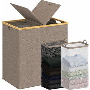 efluky Double Laundry Hamper with Lid and 2 Removable Bags, Brown, 140L Dual