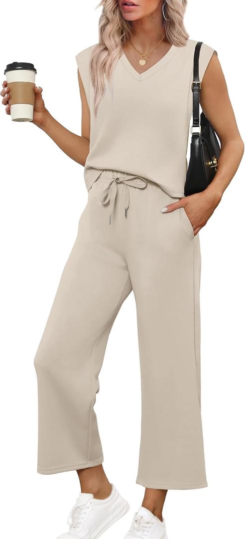 SAMPEEL Two Piece Sets for Women Summer Vacation Travel Outfits Business Casual Outfits Matching Sets Women Clothing (Large, Beige)