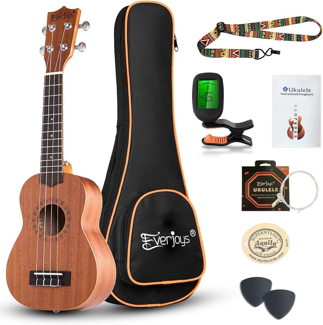 Everjoys Soprano Ukulele Starter Kit - Professional Mahogany 21 inch Ukelele w/Online Lesson Case Strap Digital Tuner Aquila Strings (Sali)