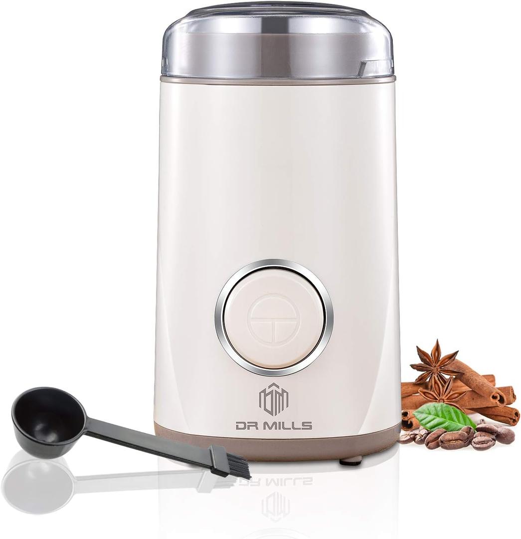 DR MILLS DM-7441 Coffee Grinder Electric, Coffee Bean and Dried Spice Grinder, One Touch Operation, Blade and cup made with SUS304 stainless steel, White 