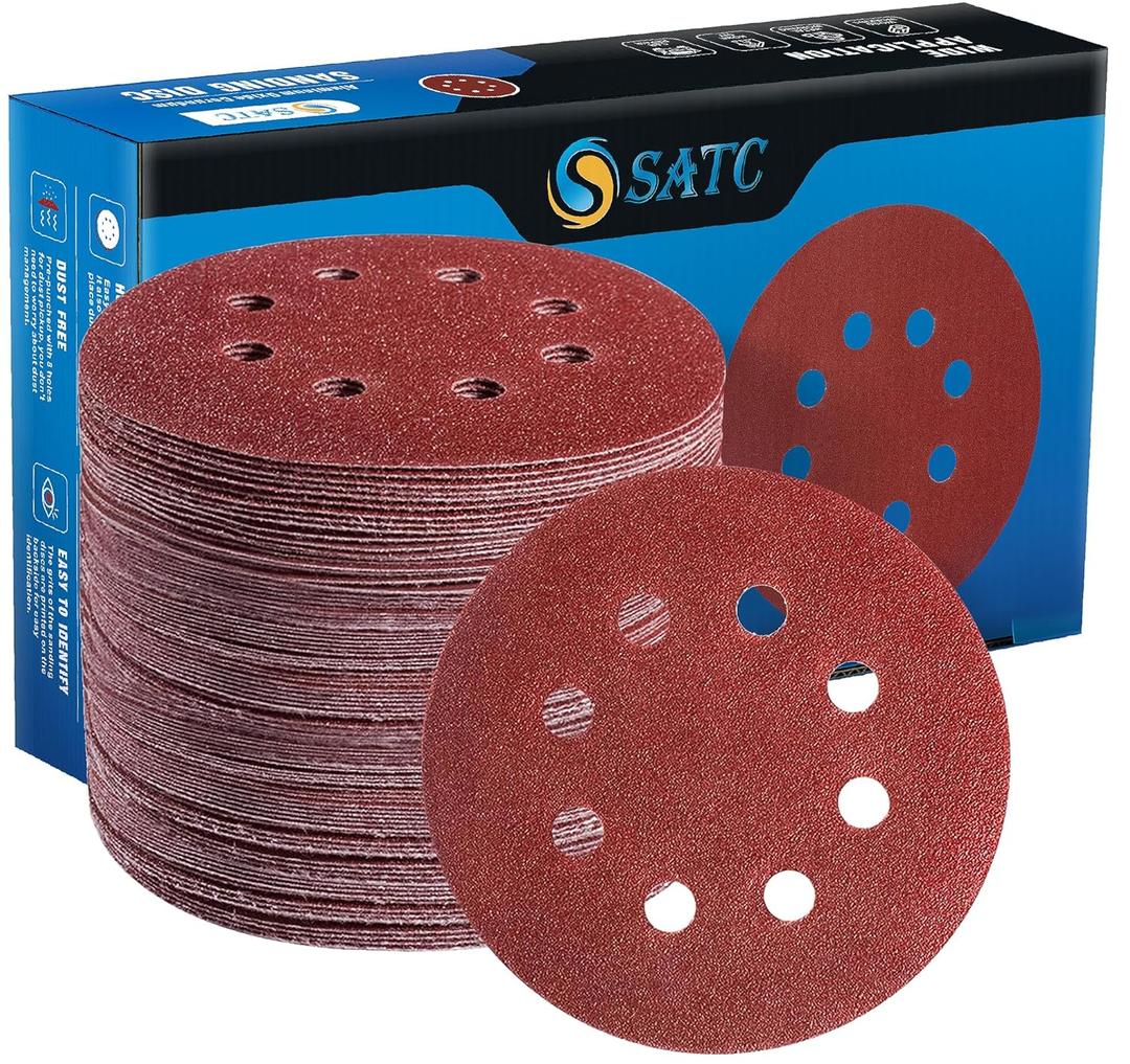S SATC 72 PCS 5 Inch 8 Hole Hook and Loop Adhesive Sanding Discs Sandpaper for Random Orbital Sander 40 60 80 120 180 240 320 Grits