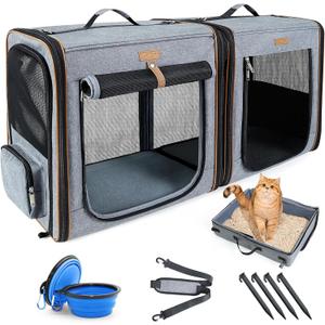 Lekereise Extra Large Cat Carrier for 2 Cats, 2-in-1 Cat Travel Carrier with Litter Box, (20.85" x2) x19.7"x19.7" Pet Carrier with Zipper Locks for Moving Across The Country (No Hammock) - Grey