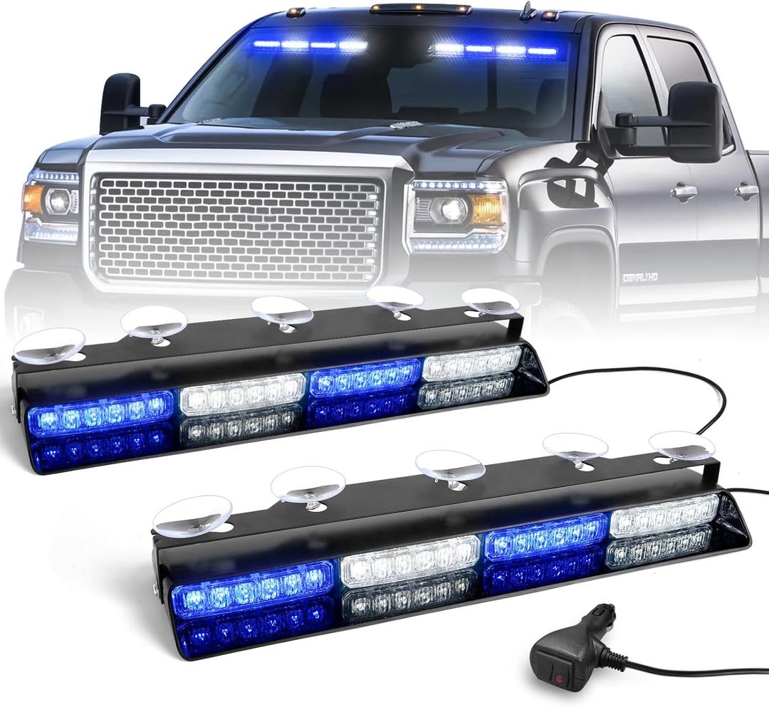 HLauto 6Z4J Emergency Dash Strobe Lights: 2x16.8 inch Blue White Safety Lights, 48 LED Flashing Warning Hazard Interior Windshield Visor Traffic Light Bar for Trucks, Construction Vehicles