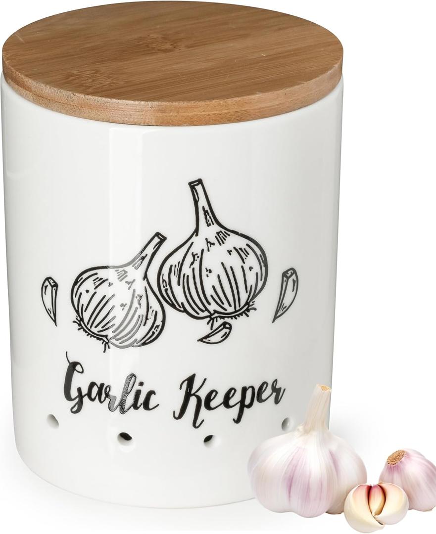 LYEOBOH Garlic Keeper, Garlic Storage, Garlic Holder, Large Ceramic Garlic Keeper with Wooden Lid, Garlic Jar, Garlic Storage Container, White