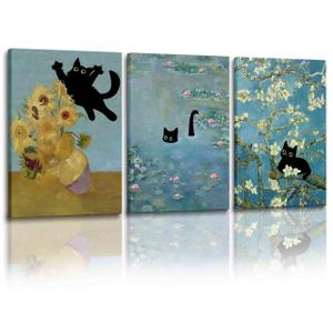 3 Piece Funny Black Cat 3 Piece Posters, Cat Pictures in Vintage Water Lilies, Almond Blossom Cute Cat Canvas Wall Art by Fantasy Artist Van Gogh, Black Cat Art Wall Decor for Bedroom Living Room Bathroom Art Prints 12x16 Inches. Unframed