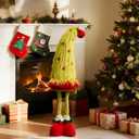 Standing Christmas Tree Gnome Plush Decoration - Large Xmas Green Red Gnome w/Retractable Spring Legs(25-35) Handmade Elf Doll, Gift for Indoor Outdoor Home Porch Yard Garden Decor