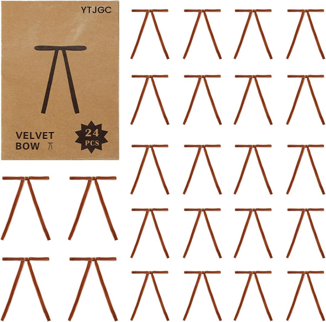 2 x 24 Pcs Brown Velvet Ribbon Christmas Tree Bows Bow Tree Topper Door Garland Decor Vintage Wreath Bow Velvet Bows Ornaments for Christmas Trees Gifts Party Door Garland Wreath Deco (Brown)