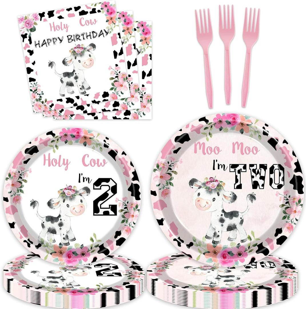 80 Pcs Holy Cow I'm Two Girls Birthday Decorations Moo Moo I'm Two Paper Dinner Plates Napkins Forks Dinnerware for Farm Animals Cow Themed Girls 2nd Birthday Party Supplies