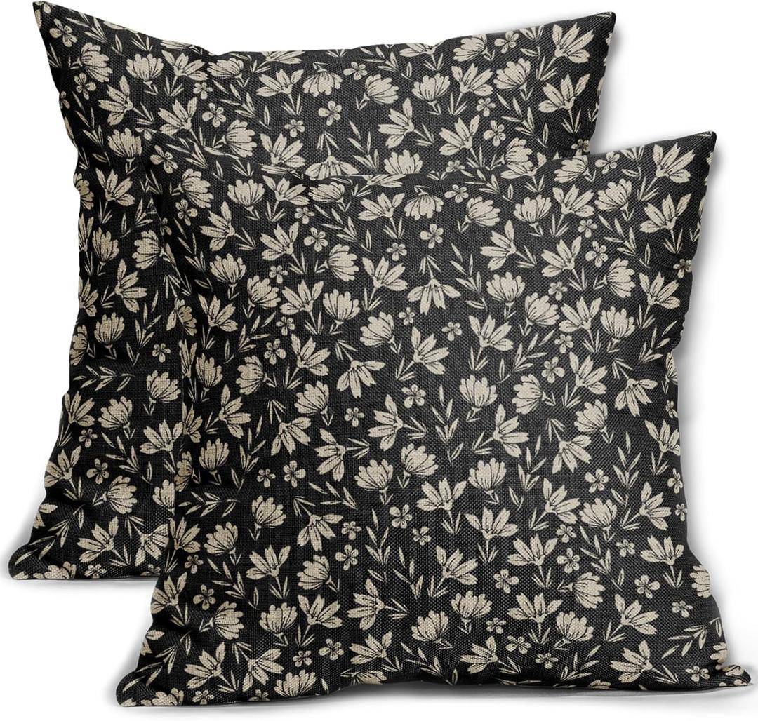 Vintage Flower Pillow Covers 18x18 Set of 2 Rustic Cute Small Floral Black Brown Old Style Decorative Throw Pillows Outdoor PillowCase Farmhouse Linen Cushion Case Decor for Home Sofa Couch Bed