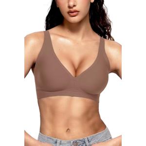 Vertvie Womens Wireless Seamless Bras Deep V No Underwire Push Up Bras Supportive Full Coverage Bralettes Plunge T Shirt Bra (X-Large, Coffee)