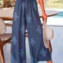 CRAZY GRID Artisanal-Print High Waist Beach Pants for Women Wide-Leg Trendy Trousers with Drawstring-Waist Summer Lounge-Ready Bottoms CarvingBlue Small