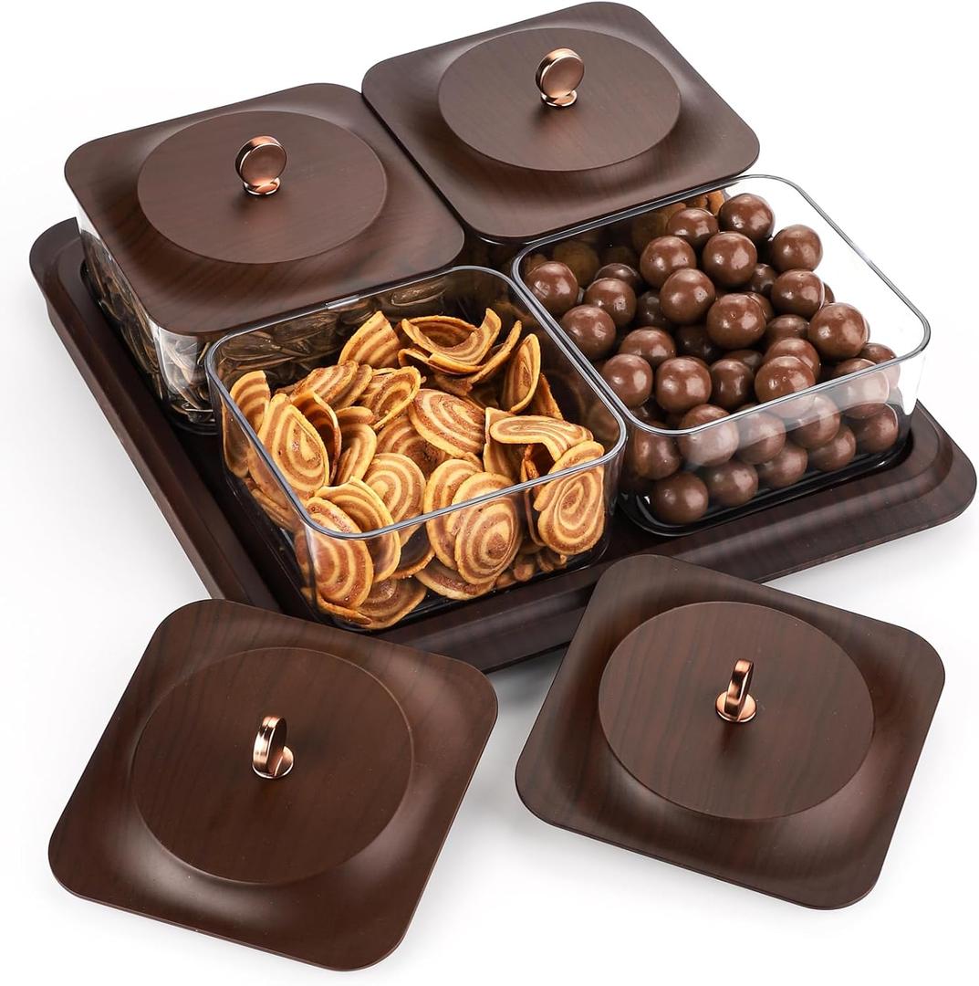 Serving Set: Plastic Imitated Wood Serving Tray & 4 Snack Boxes with Lid, Ideal for Home, Party & Birthday