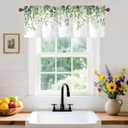 Green Eucalyptus Leaves Valance for Windows,Window Treatment Curtains Rod Pocket Sheer Small Short Valance for Kitchen Bathroom Laundry Basement, 42Wx12L inch,Boho Watercolor