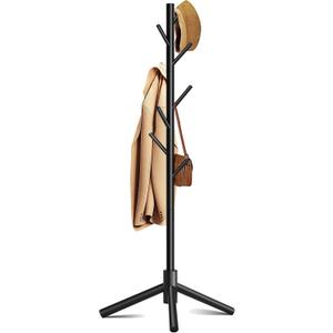 Wooden Coat Rack, Free Standing Coat Rack with 8 Hooks 3 Adjustable Heights for Clothes, Hats, Handbags, Coat Tree Easy Assembly for Entryway, Bedroom, Hallway, Office (New Black) (1PC)