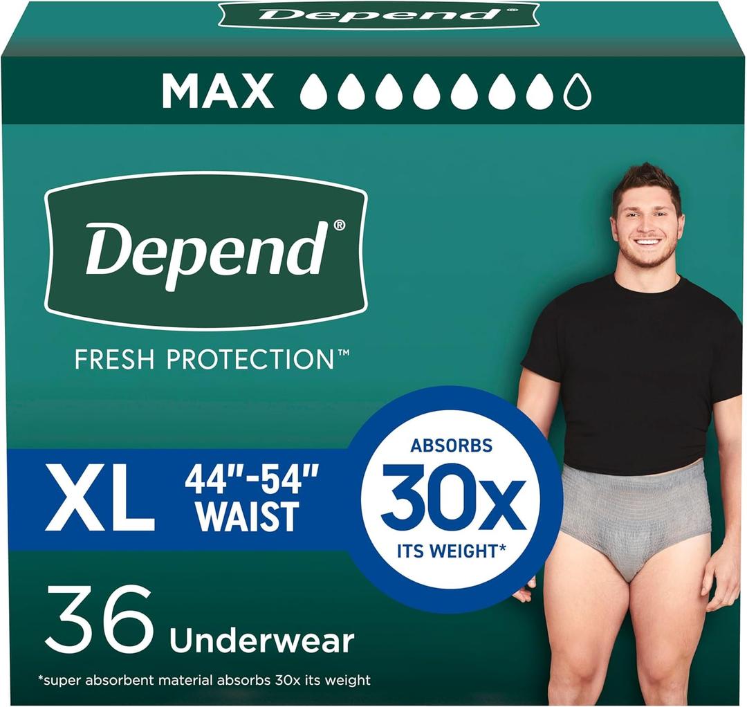Depend Fresh Protection Adult Diapers, Incontinence Underwear for Men, Disposable, Maximum, Extra-Large, Grey, 36 Count