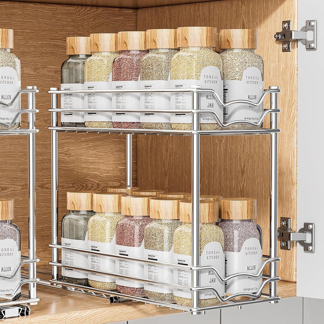 Pull Out Spice Rack Organizer for Inside Cabinet, 2 Tier Slide Out Spice Organization for Cabinet, Vertical Sliding Seasoning Organizer, Chrome, 4.9''Wx10.4''Dx9.57''H (Silver)