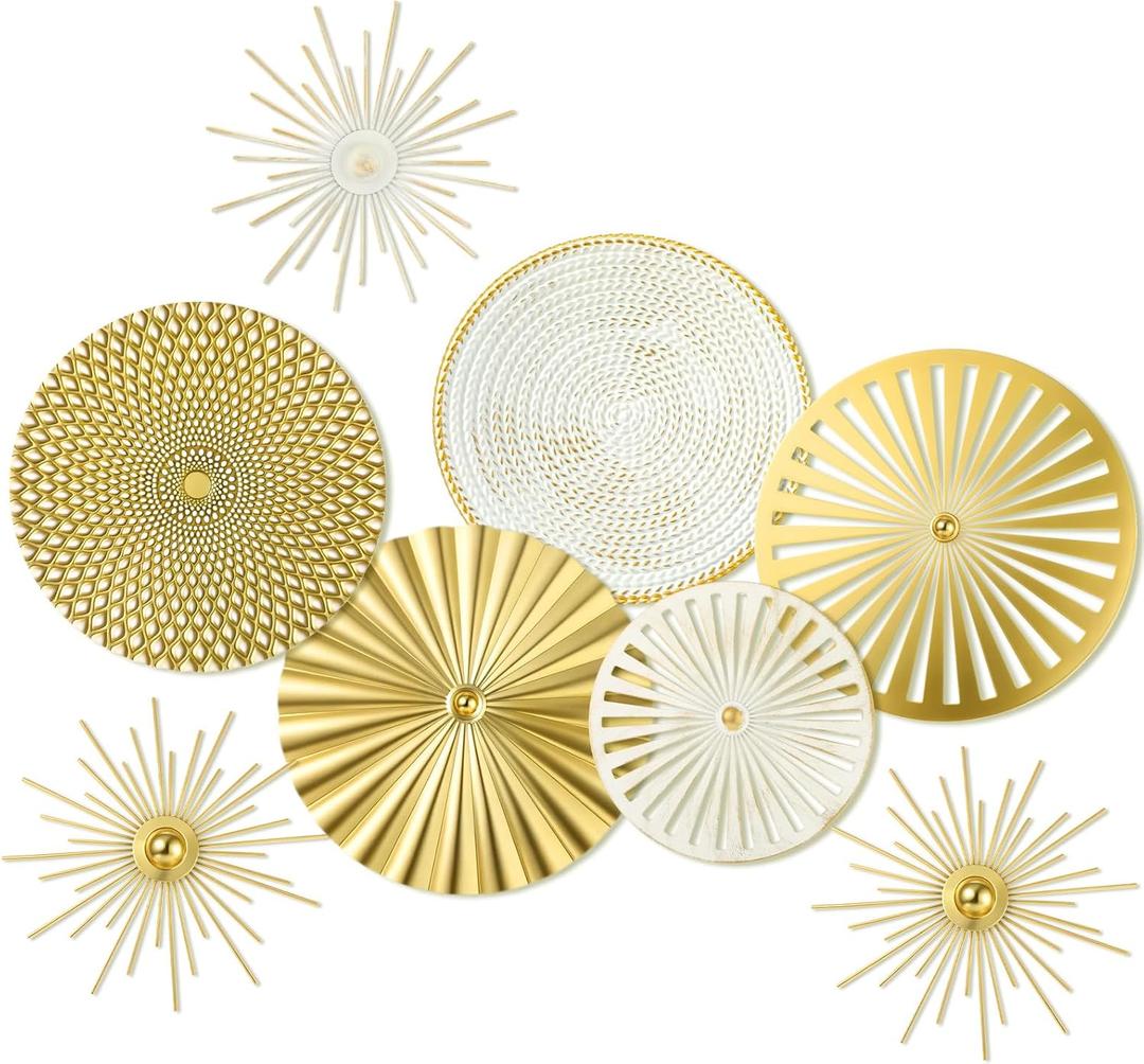 Lingvee 8 Pcs Gold Wall Decor Modern Metal Decor Metal Starbursts Radial Plate Art Hanging Decorative Wall Decorations for Home Bedroom Bathroom Living Room Office Sculpture (Gold, White)