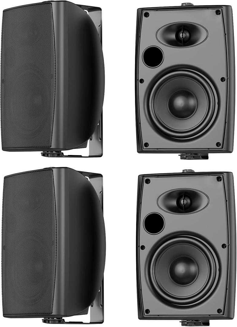 6.5 Inch Max 800W Outdoor Bluetooth Speakers Waterproof Wired with Multifunctional Amplifier Wall Mount Outdoor Speaker System for Patio Garden Poolside Home(Set of 4 Speakers, Black)