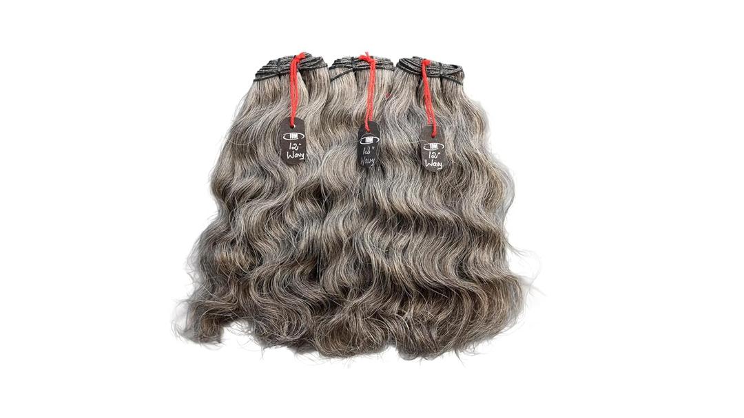 Salt & Pepper Natural Gray Indian Raw Hair Extensions  100% Unprocessed Human Hair, 12 Wavy, 3 Bundles