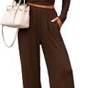 PRETTYGARDN Two Piece Lounge Sets For Women 2025 Casual Long Sleeve Shirts Wide Leg Pants Tracksuit Workout Matching Set(Brown,Large)