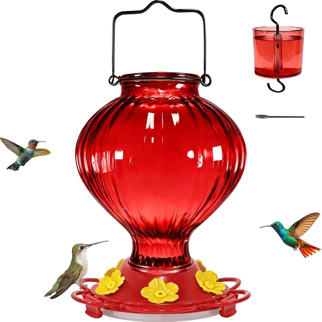 Glass Hummingbird Feeders for Outdoors Hanging, Big 38 oz Capacity with Ant Moat, 6 Feeding Ports, Leak-Proof Sealing Ring, Durable Colorfast Bottle, Easy to Clean, Garden Yard Decor, Red