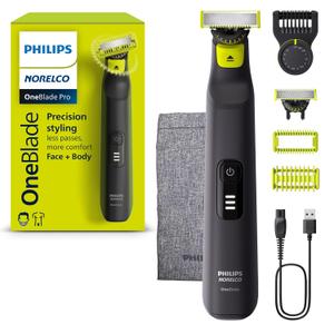 Norelco Philips OneBlade Pro 360 Face + Body, Electric Shaver, Beard Trimmer and Body Groomer, with 360 Blade Technology, 14-Length Precision Comb, Body Kit, Soft Pouch, Model QP6542/70 (Black/Lime Green)