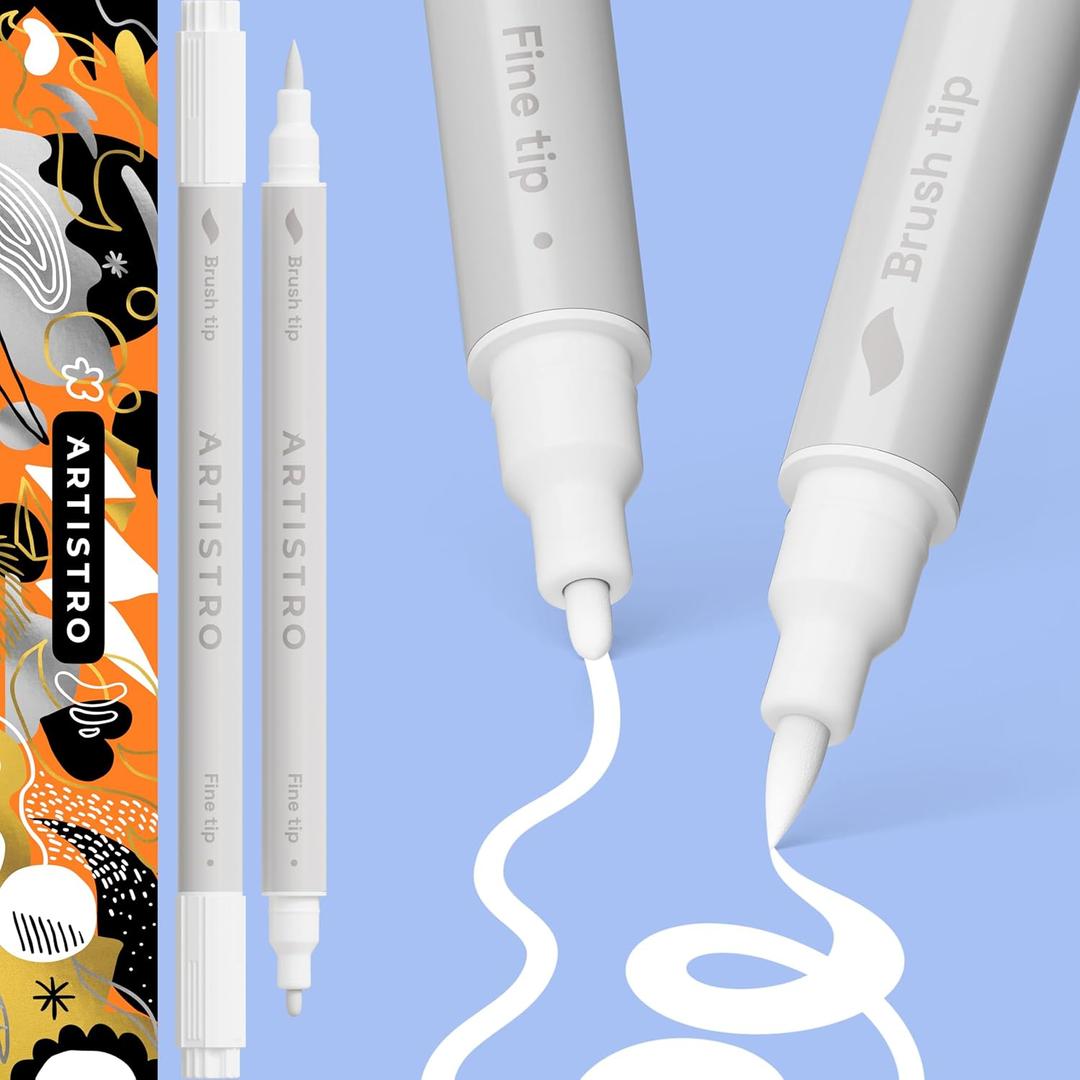 Artistro 2 White Dual-Tip Acrylic Paint Pens - Multisurface Markers for Glass, Rock, Fabric, Wood, Plastic & More - 1 mm Fine & Brush Tips