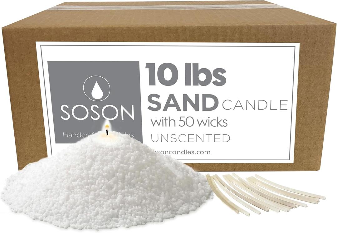 Simply Soson 10 lb White Unscented Pearled Candle, Sand Wax Candle, Long Lasting Powder, Refillable Natural Wax with 50 Wicks for Candle Making