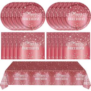 41PCS Happy Birthday Decorations Red Silver Diamonds Birthday Party Supplies Disposable tableware set Included Plates Napkins Tablecloth for Wedding Holiday