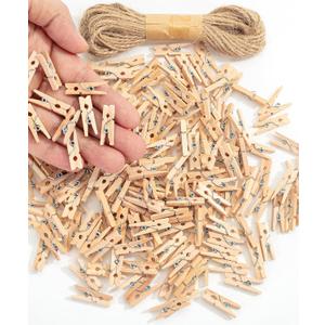 Mr. Pen- Mini Wooden Clothes Pins for Photo, 1 Inch, 200 Pack, Small Clothespins with 10 Meter Jute Twine for Scrapbooking, Labeling Plants, Gift Tags, Tiny Crafts, Photo Display, Decoration