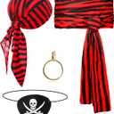 5 Pcs Captain Pirate Costume Accessories Set Pirate Eye Patch Large Sash Headband Necklace Earring for Women Men (Black and Red)