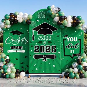 WovWeave Graduation Arch Backdrop Stand Cover Set of 3-4ft 5ft 6ft Grad Arch Cover Photo Booth Backdrop Decorations for Graduation Party Decor Supplies (Green Black,Class of 2026)