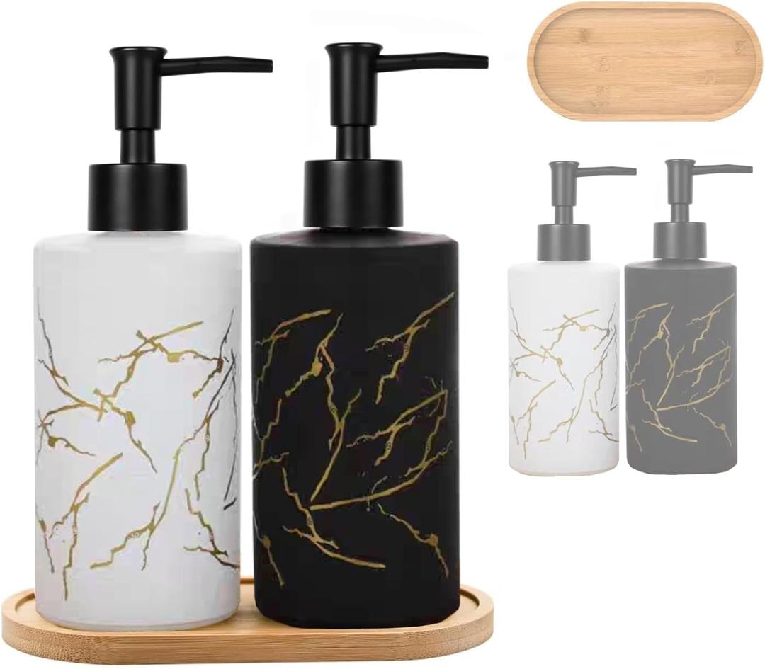 Glass Soap Dispenser Set, Hand and Dish Soap Dispenser Set with Bamboo Tray Modern Farmhouse Kitchen - 13oz